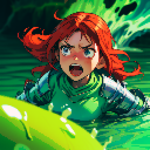 hero sinking into slime, hero drowning in slime, hero has red hair, hero has silver armor, reaching up, panic, sinking deep into slime
