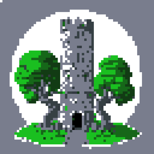 2d grey stone tower in an ancient english style. Old and crumbling but still upright. Green vines crisscross it. Usable as an asset (clear, thick lines and a white background). Put a black stroke around the composition