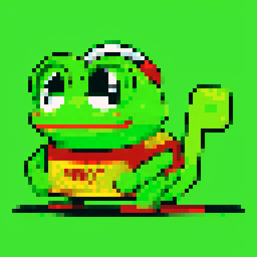pepe frog, vibrant colors, pixelated details, retro video game style, limited color palette, 8-bit graphics, crisp lines, nostalgic aesthetic