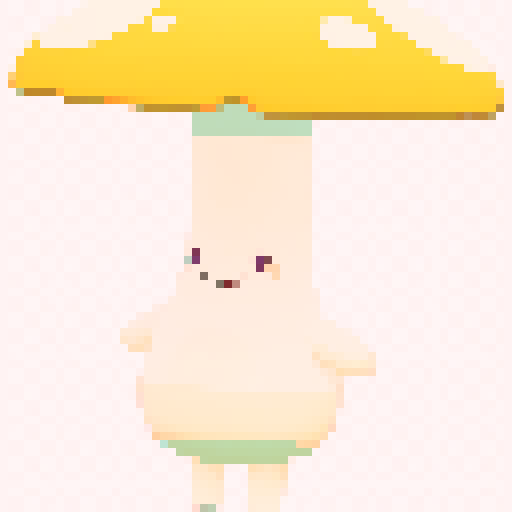 cute pink mushroom, pixel art, sRGB, vibrant colors, tiny white dots, whimsical details, textured surface, glowing spots, soft edges, playful expression