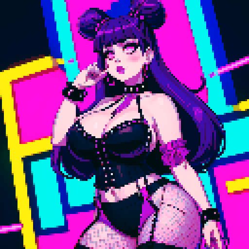 Portrait of Thicc, curvy, busty goth babe with studded collar, long purple hair in buns, fishnet stockings, studded halter top.  neon signage. pixel art, sRGB.