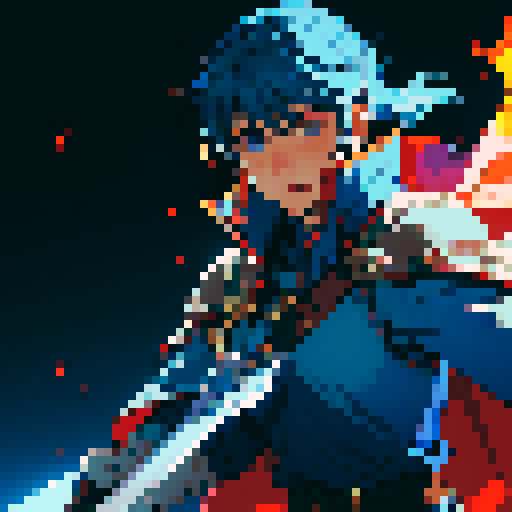 Fire Emblem Ike, determined, warrior, blue hair, cape flowing, sword in hand, commanding army below, pixel art, sRGB