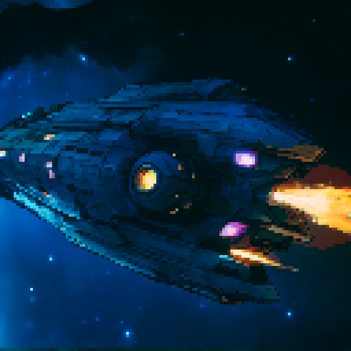 spaceship with sleek metallic exterior, glowing engine fires, starry backdrop, vibrant pixel art, sRGB colors

