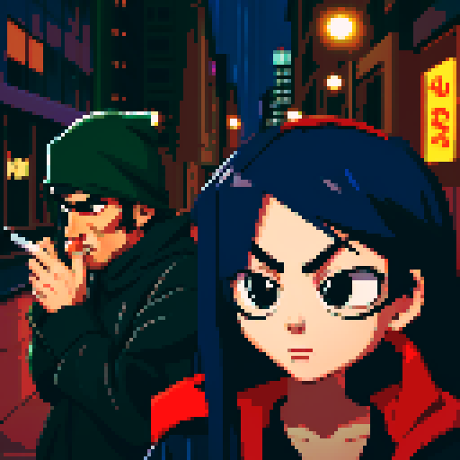 Girl on the right smoking a cigarette, guy on the left holding a gun with a black bandanna covering his face, gritty, rainy, nighttime, downtown