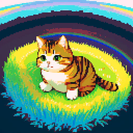cute, chubby cat sitting on a vibrant, pixelated grass field with a clear blue sky and a rainbow curved above