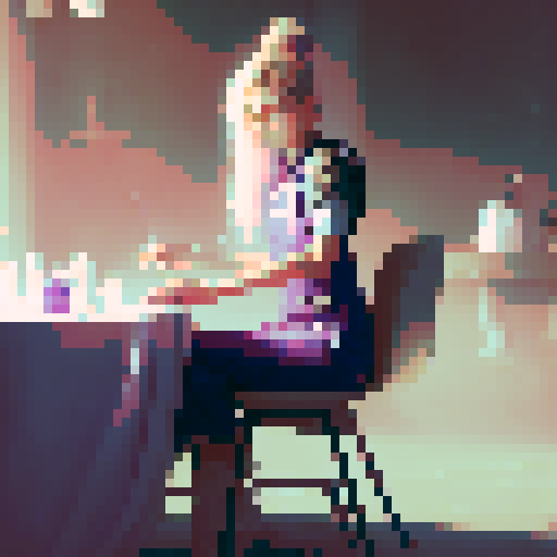 Nail tech with long blonde hair wearing a pink apron and a girl with brown hair wearing a purple dress sitting down facing each other at a table in a nail salon.