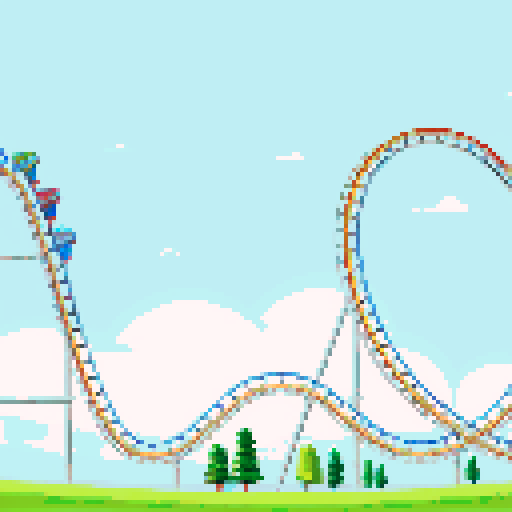 Amusement park, vibrant roller coasters, whimsical carousels, towering ferris wheels, sRGB colors, pixel art