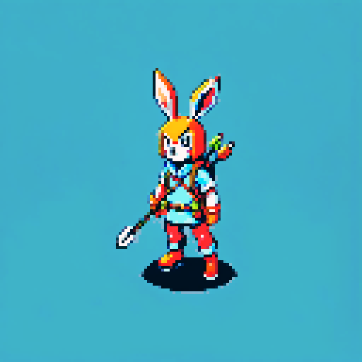 Isometric pixel adventure character. Hare ranger with bow and arrow