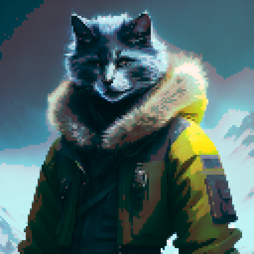 Hatake Kakashi with a black cat with yellow eyes on his shoulders in between towering, snowy mountains