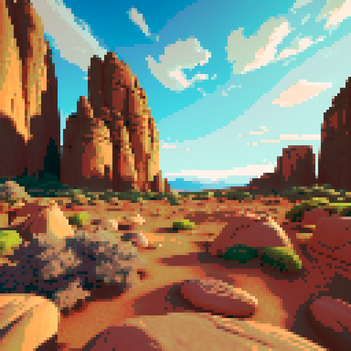 A rocky outdoor battleground with a rugged, flat, and sandy surface in the foreground, angled slightly upward for depth. The bottom-left corner is clear and open for a player's perspective, while the middle-right showcases jagged rocks, scattered boulders, and sparse dry vegetation. The background transitions into distant cliffs and an expansive bright sky, creating a balanced and natural setting for character placement.