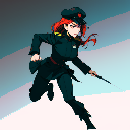 full-body image, military general woman, black uniform, black hat, evil, facing left, ready to fight, war background, battlefield, warfare