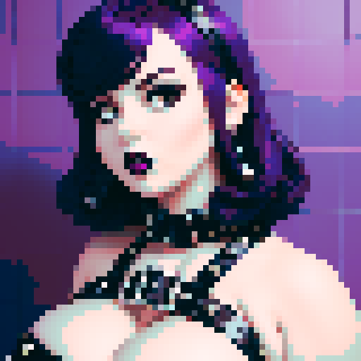 curvy, busty goth babe with studded collar. Full head portrait. big titty goth, in a close up glamour shot. Wearing Halter top. modern tile backsplash.