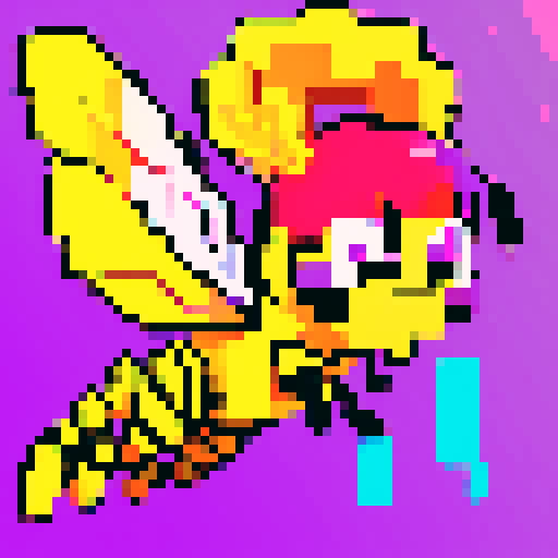 puking bee, vibrant colors, exaggerated facial expression, pixelated vomit, detailed wings, buzzing motion lines, sRGB color palette