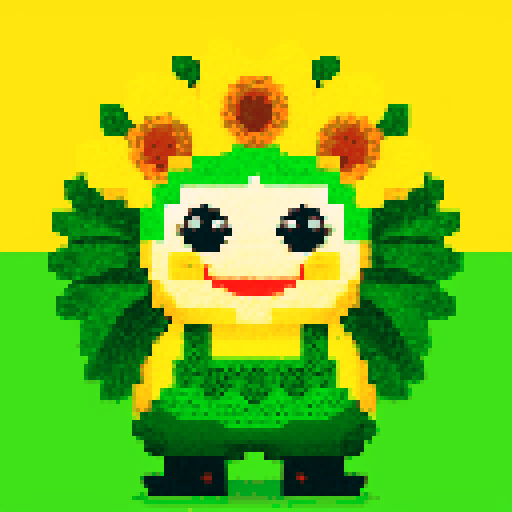 sunflower with smiling face, green pants