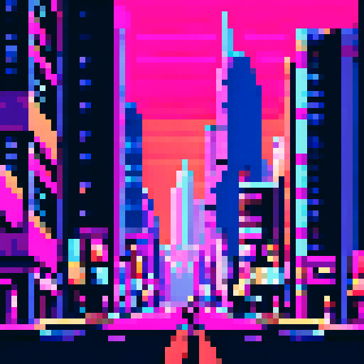 Cityscape, towering skyscrapers, bustling streets, retro video game vibes, blocky pixelated buildings, vibrant color palette, 8-bit art style,ARNE32 palette