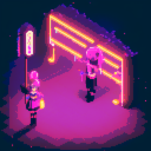 Mage anime girl, flowing hair, fluorescent tattoos, glowing staff, purple neon-lit night market, pixel art