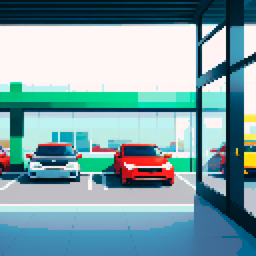 the cars are behind the glass of the car dealership