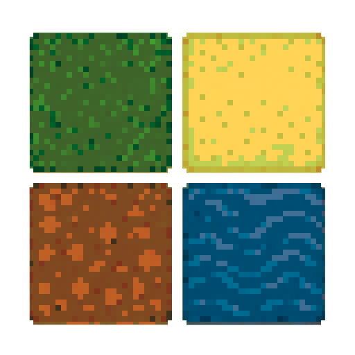 tileset sprite sheet, top-down view, 32x32 pixel art, game assets, seamless tiles: grass ground, sand ground, dirt soil, water, all tiles same art style, cohesive color palette, clean pixel style