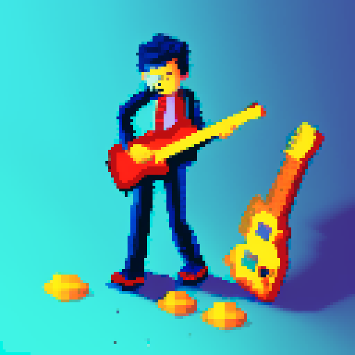 hacker boy with electric guitar in a rainy day, pixel art