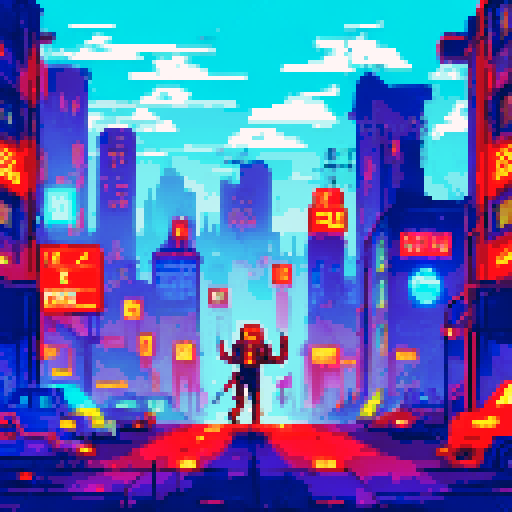 Cyborg scavenger with glowing eyes, navigating through rusty pipes and broken neon signs in an abandoned city of towering skyscrapers, illuminated only by flickering holograms and polluted air, with abandoned vehicles scattered in the background - all portrayed in dark, sRGB pixel art style