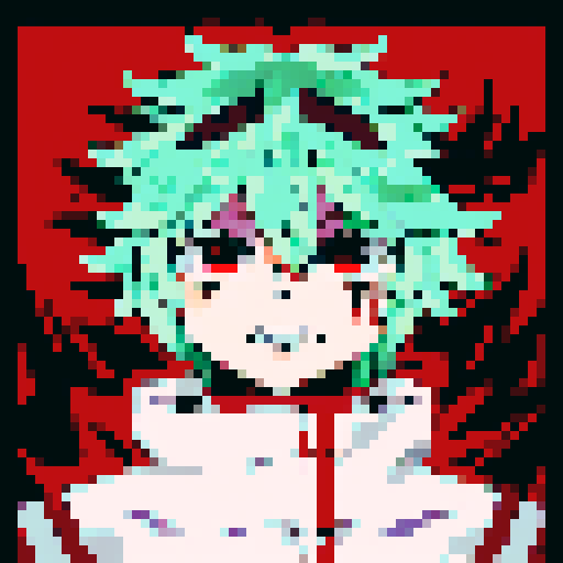 Demon slayer with fiery red hair and piercing green eyes stares fiercely at the viewer in a close-up character portrait, rendered in a vibrant anime style with intricate pixel art details.