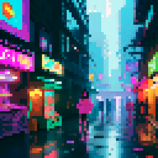 Cyberpunk night market, neon-lit alleys, bustling crowd, holographic advertisements, towering skyscrapers, futuristic vehicles, vibrant colors, glitchy visuals, retro arcade machines, steam rising from street food stalls, flickering streetlights, rain-soaked pavement, vibrant graffiti, pixelated storefronts, augmented reality displays, robotic vendors, glowing cybernetic implants, glitched-out visuals, sRGB, pixel art