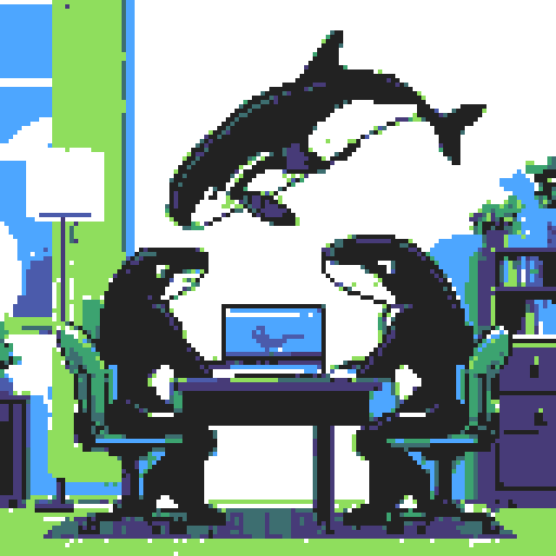 killer whales with sleek black and white bodies, working diligently at a desk adorned with vibrant pixel art, their laptops emitting a mesmerizing display of sRGB colors