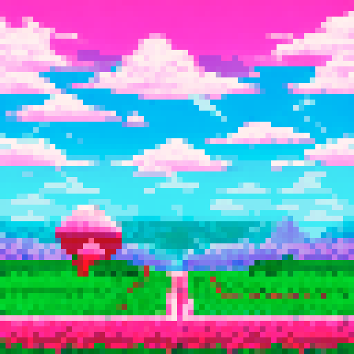 cupcake with pink strawberry icing, pixel art style, set against a sRGB background in a scenic landscape