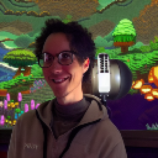 Podcaster in Stardew world, surrounded by whimsical mushrooms, holding a glowing studio microphone, with a loyal dragon companion by their side.