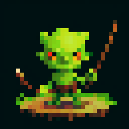 small, green-skinned humanoid creature with pointy ears, sharp teeth, and a crude wooden club, wearing ragged clothes, mischievous expression, lean, wiry build, dirt patches, scars, large glowing eyes, cunning glint, pixel art, sRGB