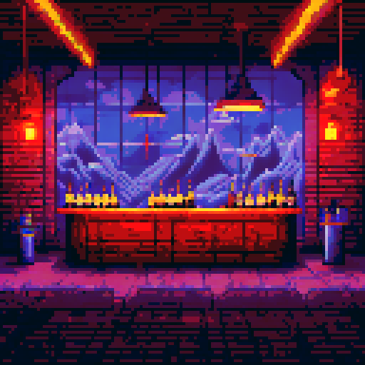 noir 24-bit pixel art game about a bar. Noir bar, there is a bartender, a wall with bottles, like game from 90's, style of cave story