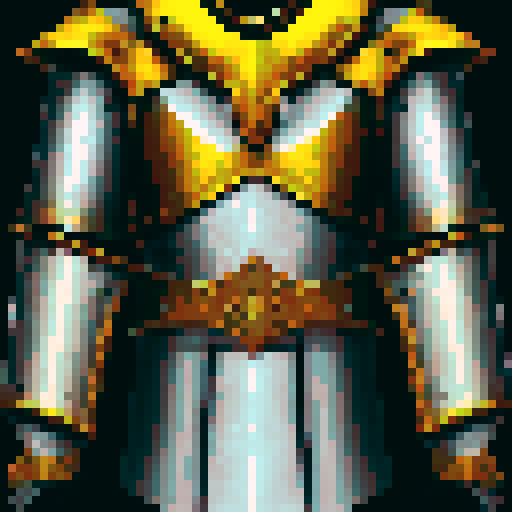 Yellow paladin armor with intricate, gleaming etchings, towering pauldrons, and a sharp, pointed helm, crafted with a stylized, game asset design in mind