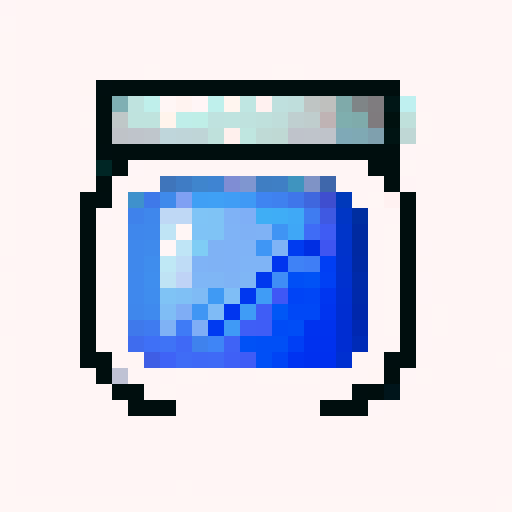 "Create a whimsical close-up portrait of a charming, smiling magic jar character with one big white left eye, a sliver lid, and shiny glass jar - rendered in a playful pixel art style with a vibrant color palette and skillful shading that would make for a perfect game icon."