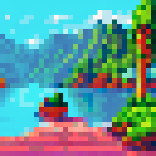 Fishing man on pixelated boat, surrounded by serene sRGB lake with mountainous background