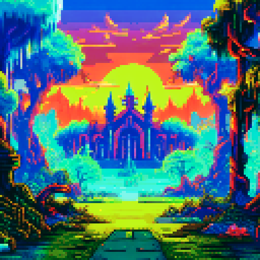 grand mansion with overgrown pixelated gardens, foggy graveyard, glitchy specters, VHS-inspired filter, synthwave music, sRGB, pixel art, background, landscape