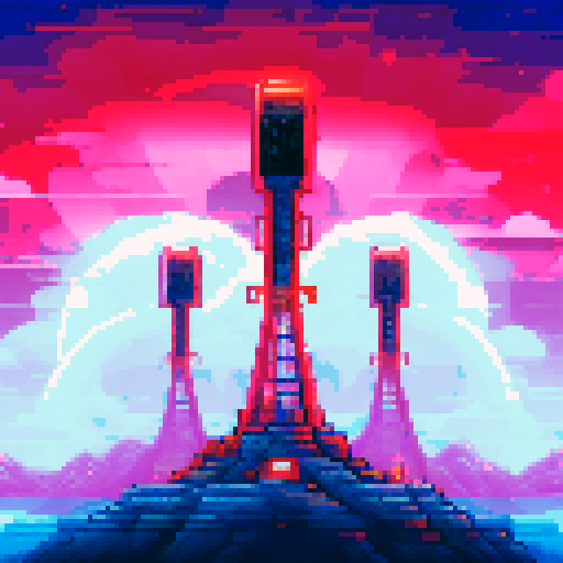 enormous radio towers with flashing red lights, viewed from below, against a vast black night sky dotted with stars