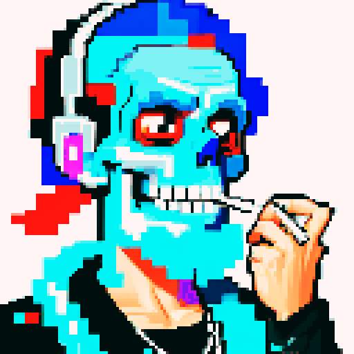 A blue skull dj, smoking weed