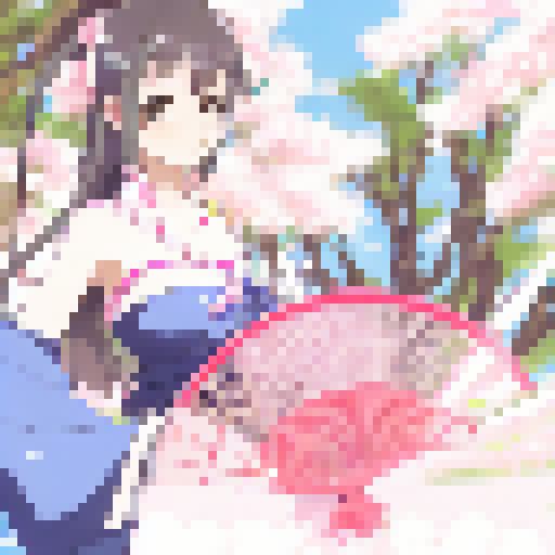 Anime-style beautiful girl with voluptuous breasts surrounded by cherry blossom trees, holding a fan and wearing a flowing yukata.