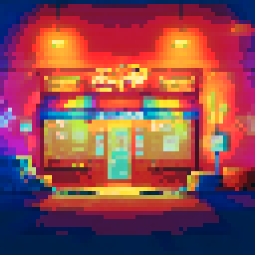 A greasy pizza box, neon signs, and a desk cluttered with empty soda cans and crumpled napkins, all illuminated by the glow of a computer screen