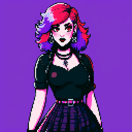 Plus size busty greaser goth girl, with long purple hair, eyeliner, red lipstick. wearing a skirt and studded collar. Posing for a portrait, avatar photo. vibrant sRGB colors, pixel art, edgy aesthetic