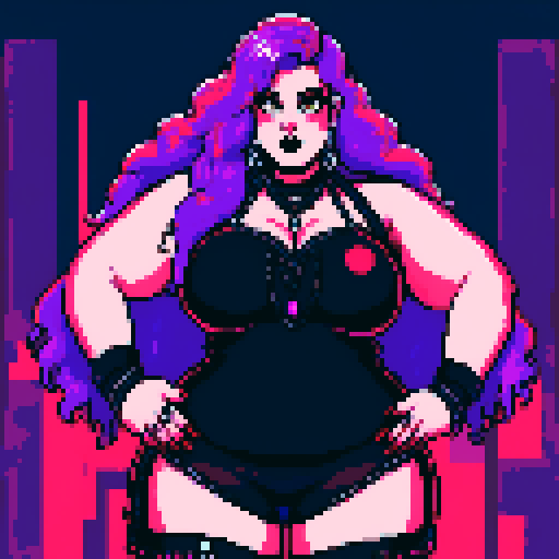 plus size, curvy, busty, goth girl with long purple hair, black eyeshadow, and red lipstick, wearing a low-cut halter top and studded collar, posing for a glamour shot photo with vibrant sRGB colors, pixel art, and an edgy aesthetic