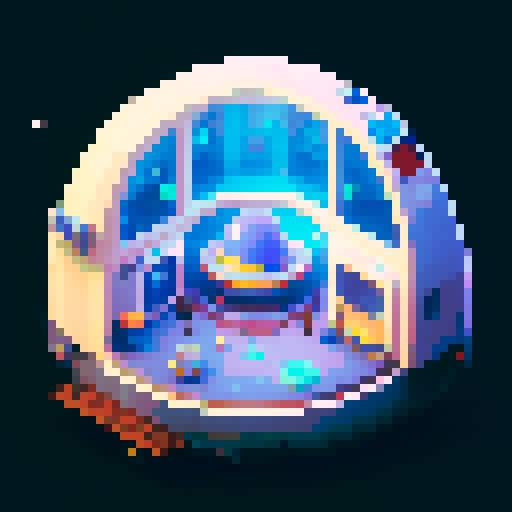 rounded spaceship interior, smooth curved walls, large windows showing space, gachapon-like design, cryo-pod in the center, pixel art, sRGB