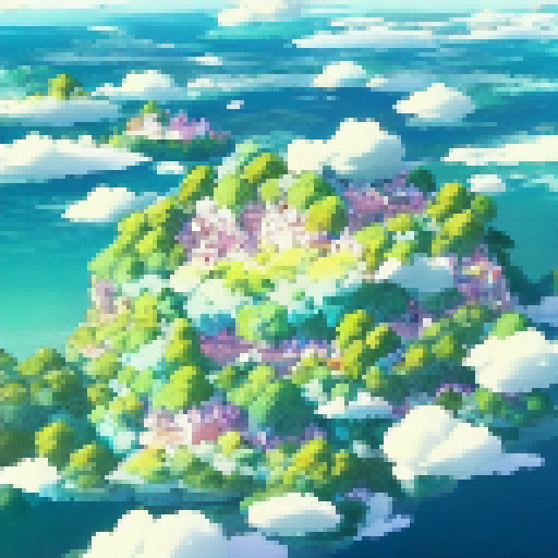 Vibrant, pastel-coloured floating islands, each meticulously detailed and surrounded by fluffy white clouds, rendered in the whimsical, anime style.