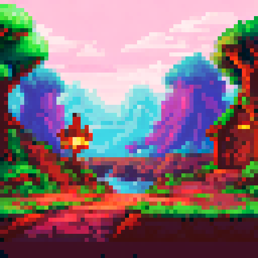 Cozy fantasy tavern with a wooden table adorned with tankards, surrounded by patrons in medieval attire, flickering candlelight casting warm hues on the stone walls, all set against a picturesque pixel art landscape in vibrant sRGB colors