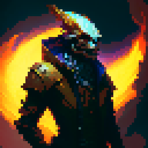 Skeleton engulfed in roaring flames, pixelated profile picture, capturing the essence of a fantasy RPG