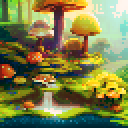 "Majestic trees tower above a babbling brook as a curious fox peeks out from behind a mushroom in this pixelated forest scene."
