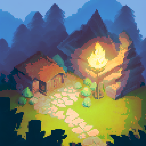 Dangerous lurking cave, dimly lit by torches surrounding an abandoned camping site