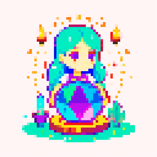 Colorful Illustration of a charming young witch with a boho vibe, reading a crystal ball, viewed from the client's perspective, mystical atmosphere with candles and herbs