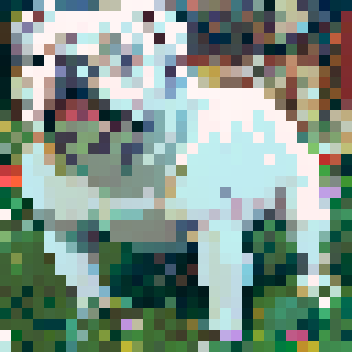 prestigious all white English bulldog, elegant, regal, adorned with a golden crown, sitting proudly on a pixelated throne, surrounded by vibrant pixel art flowers and a whimsical sRGB background