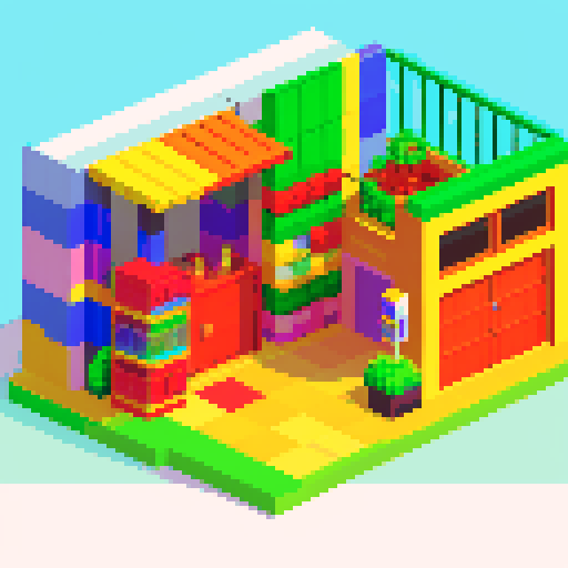 Wholesale building corridor, vibrant African colors, pixel art, sRGB, shelves with food crates